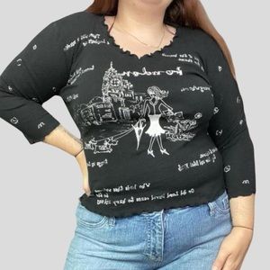 Vintage y2k embellished London city theme graphic doodle lettuce ruffle edge top